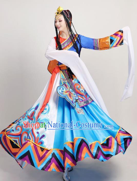 Chinese Traditional Zang Nationality Stage Performance Clothing Xizang Tibetan Ethnic Dance Water Sleeve Dress