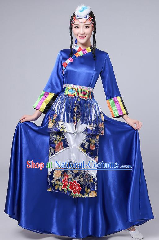 Chinese Traditional Xizang Tibetan Ethnic Dance Royalblue Dress Zang Nationality Stage Performance Clothing