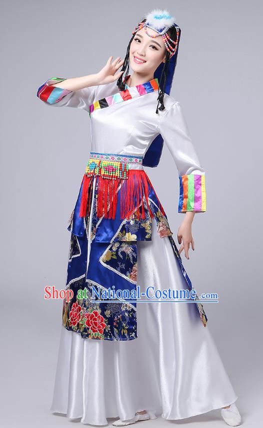 Chinese Traditional Xizang Tibetan Ethnic Stage Performance White Long Dress Zang Nationality Female Dance Clothing