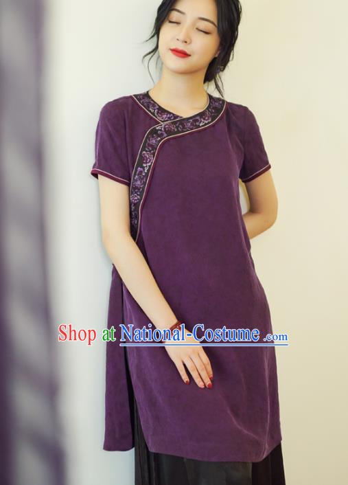 China Tang Suit Embroidered Shirt National Women Clothing Classical Purple Silk Short Sleeve Blouse