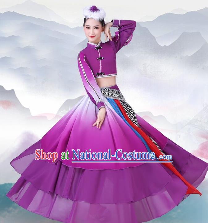 Chinese Traditional Mongolian Nationality Dance Clothing Mongol Ethnic Folk Dance Purple Dress Outfits