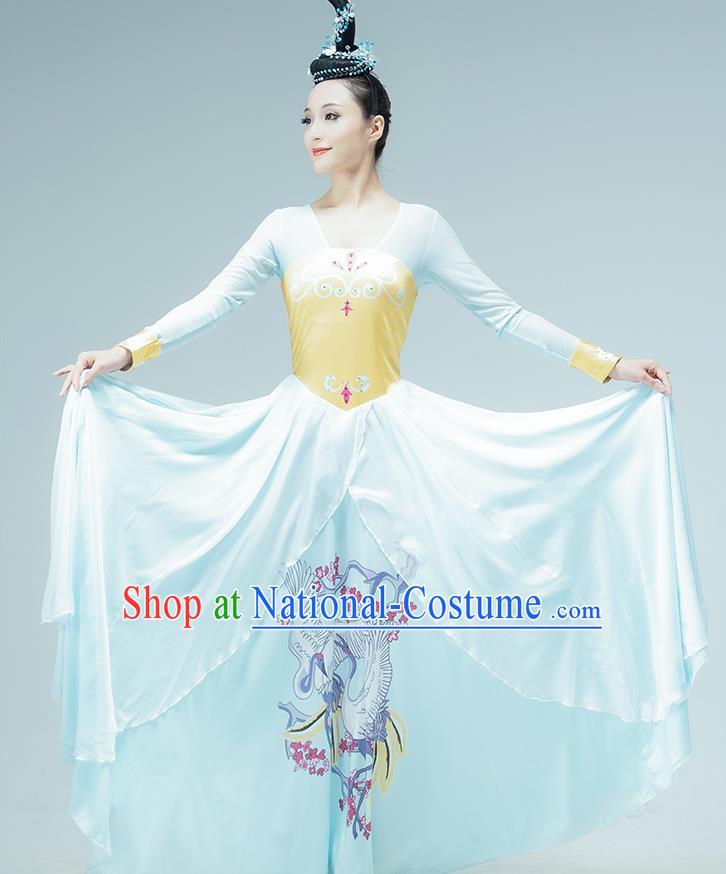 Chinese Fan Dance Printing Blue Outfits Classical Dance Stage Performance Clothing