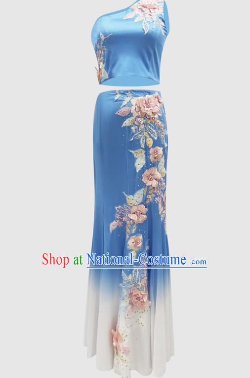 Chinese Traditional Dai Nationality Performance Blue Dress Yunnan Ethnic Peacock Dance Clothing