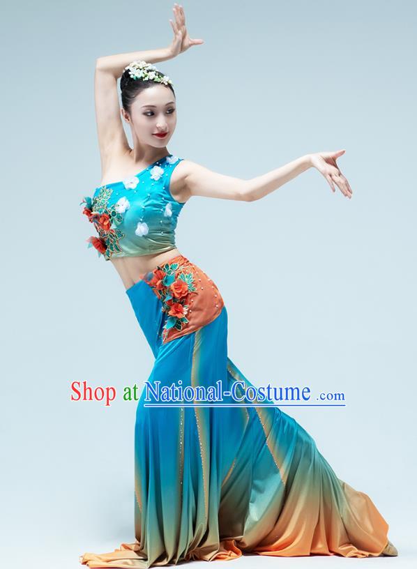 Chinese Traditional Dai Nationality Peacock Dance Blue Dress Outfits Yunnan Ethnic Performance Clothing