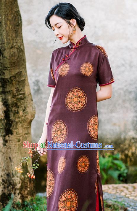 China National Young Lady Cheongsam Classical Purple Silk Qipao Dress Clothing