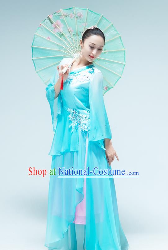 Chinese Umbrella Dance Performance Clothing Classical Dance Blue Dress Outfits