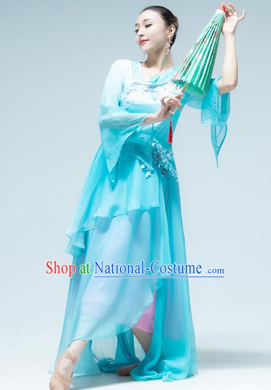 Chinese Umbrella Dance Performance Clothing Classical Dance Blue Dress Outfits