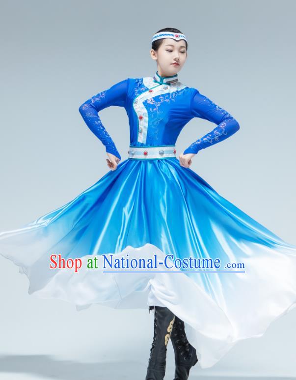 Chinese Mongol Ethnic Female Performance Clothing Traditional Mongolian Nationality Dance Blue Dress