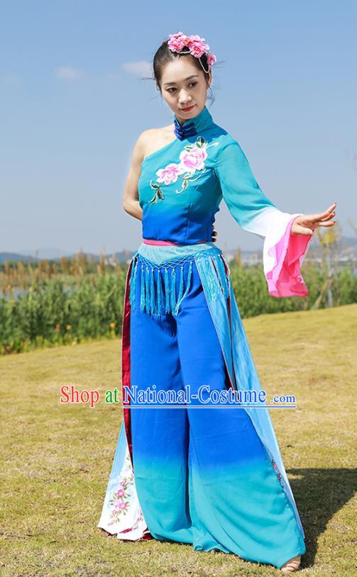 Chinese Fan Dance Clothing Folk Dance Yangko Dance Stage Performance Blue Outfits