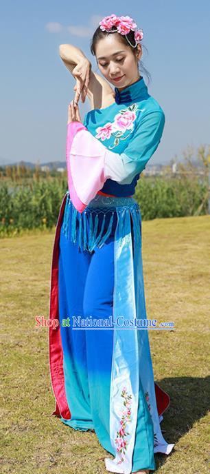 Chinese Fan Dance Clothing Folk Dance Yangko Dance Stage Performance Blue Outfits