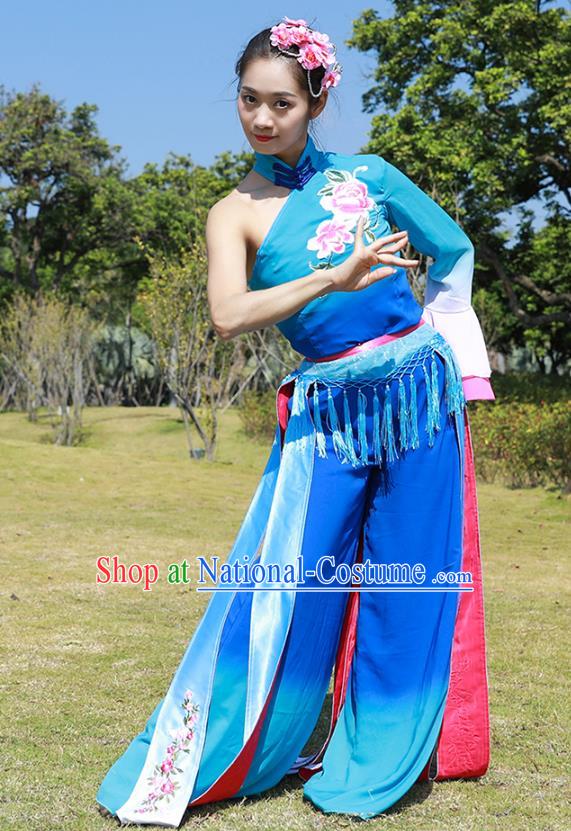 Chinese Fan Dance Clothing Folk Dance Yangko Dance Stage Performance Blue Outfits