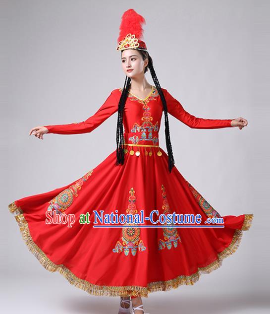 Chinese Xinjiang Ethnic Stage Performance Clothing Traditional Uyghur Nationality Folk Dance Red Dress