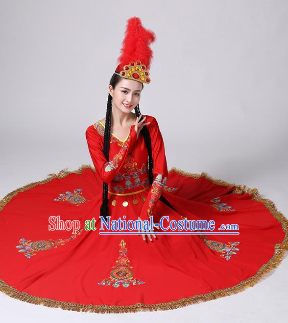 Chinese Xinjiang Ethnic Stage Performance Clothing Traditional Uyghur Nationality Folk Dance Red Dress