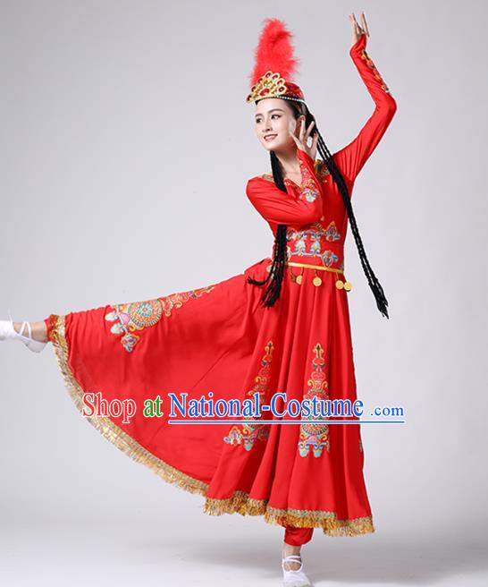 Chinese Xinjiang Ethnic Stage Performance Clothing Traditional Uyghur Nationality Folk Dance Red Dress