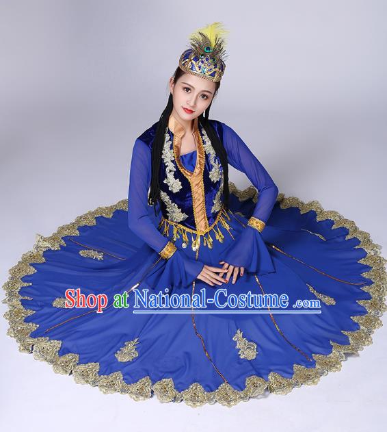 Chinese Xinjiang Ethnic Stage Performance Clothing Traditional Uygur Nationality Folk Dance Blue Dress Outfits