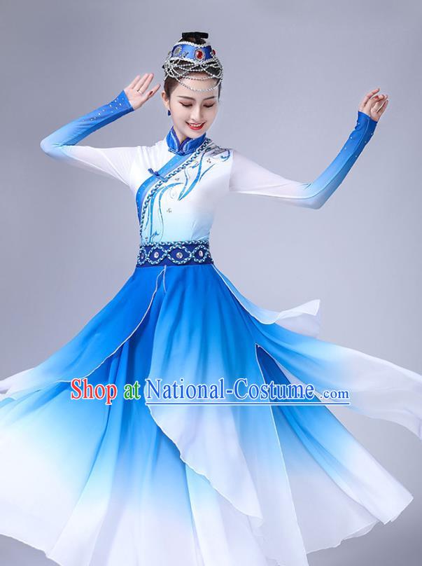 Chinese Mongolian Ethnic Stage Performance Clothing Traditional Mongol Nationality Bowl Dance Blue Dress