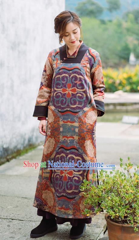 China Tang Suit Winter Long Gown National Women Clothing Classical Silk Cotton Wadded Coat