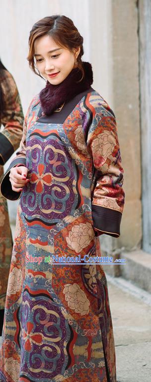 China Tang Suit Winter Long Gown National Women Clothing Classical Silk Cotton Wadded Coat