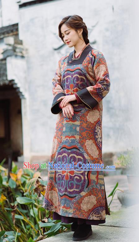 China Tang Suit Winter Long Gown National Women Clothing Classical Silk Cotton Wadded Coat