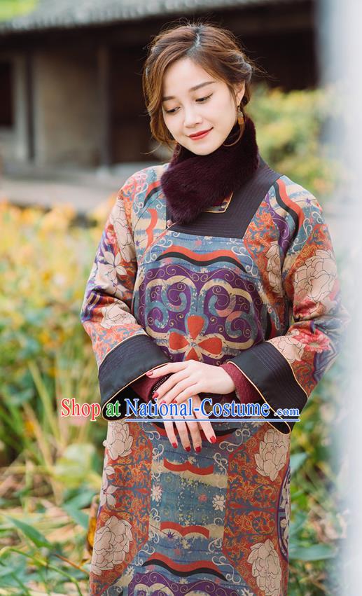 China Tang Suit Winter Long Gown National Women Clothing Classical Silk Cotton Wadded Coat