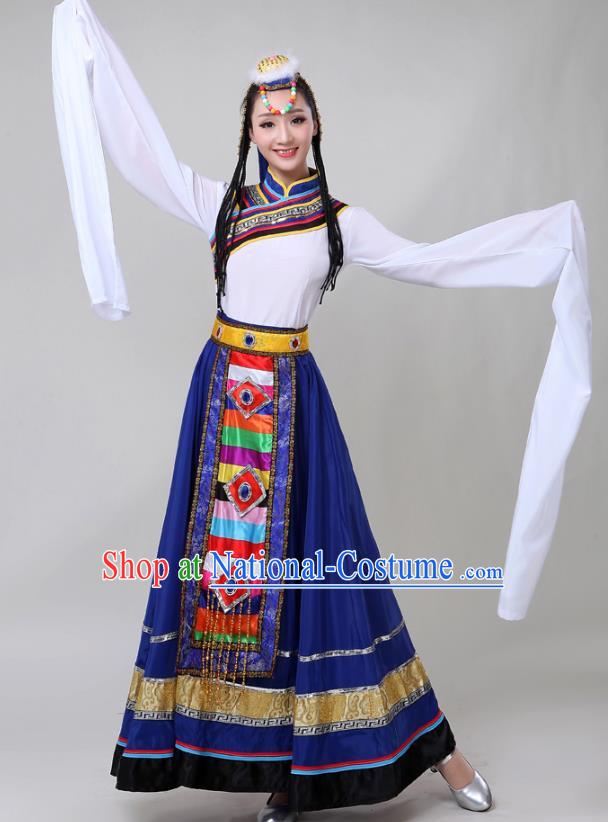 Chinese Traditional Xizang Tibetan Ethnic Folk Dance Royalblue Dress Zang Nationality Water Sleeve Dance Clothing