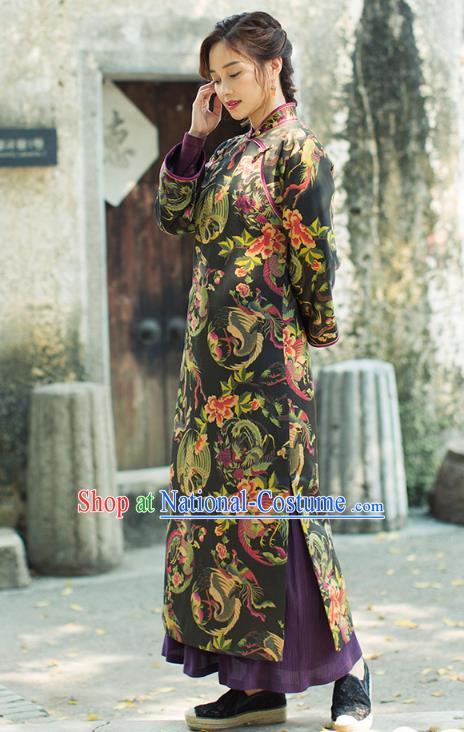 China National Women Clothing Classical Black Silk Cotton Wadded Coat Tang Suit Winter Long Robe