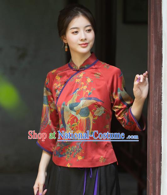 China Classical Cheongsam Shirt National Women Clothing Tang Suit Red Silk Blouse