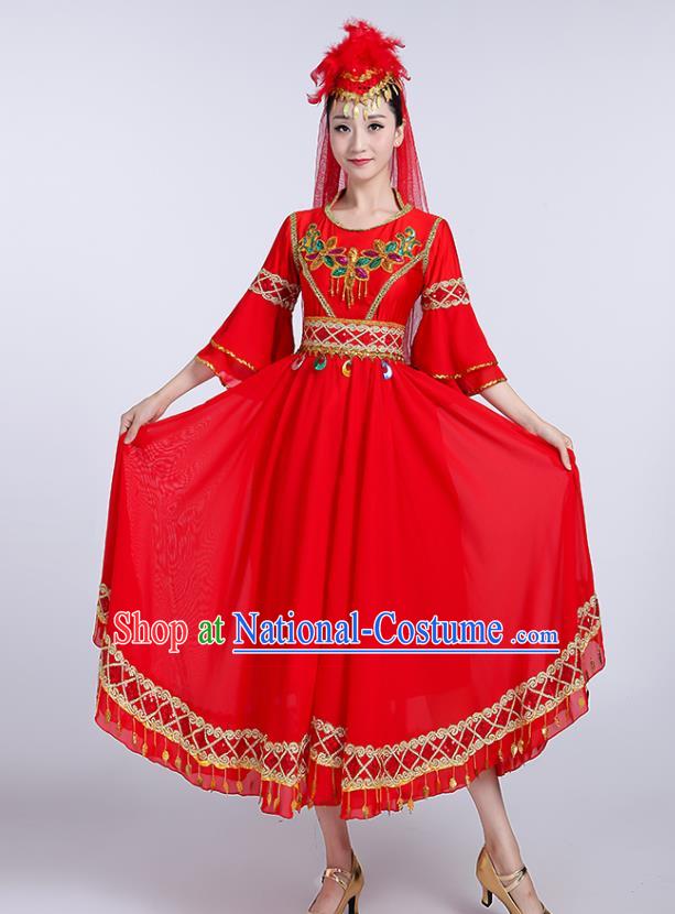 Chinese Uyghur Ethnic Folk Dance Red Dress Traditional Xinjiang Uyghur Nationality Dance Clothing