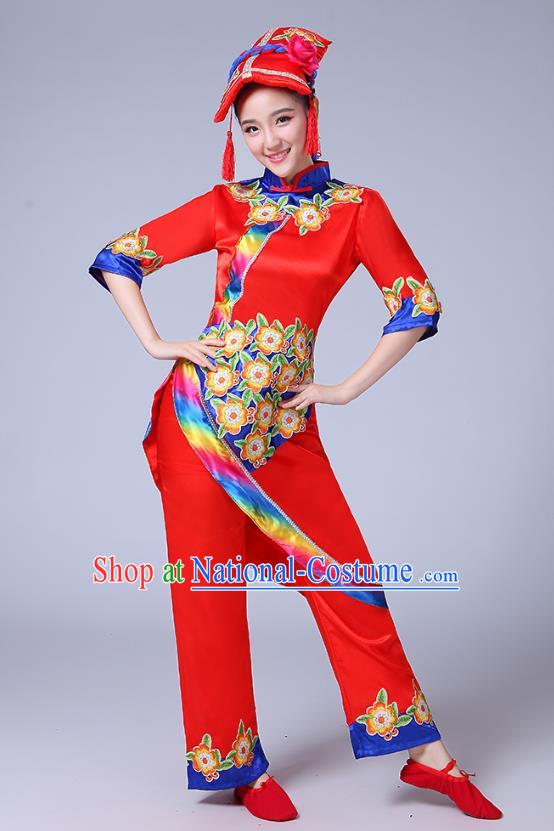 Chinese Yi Ethnic Folk Dance Red Outfits Traditional Nationality Folk Dance Clothing