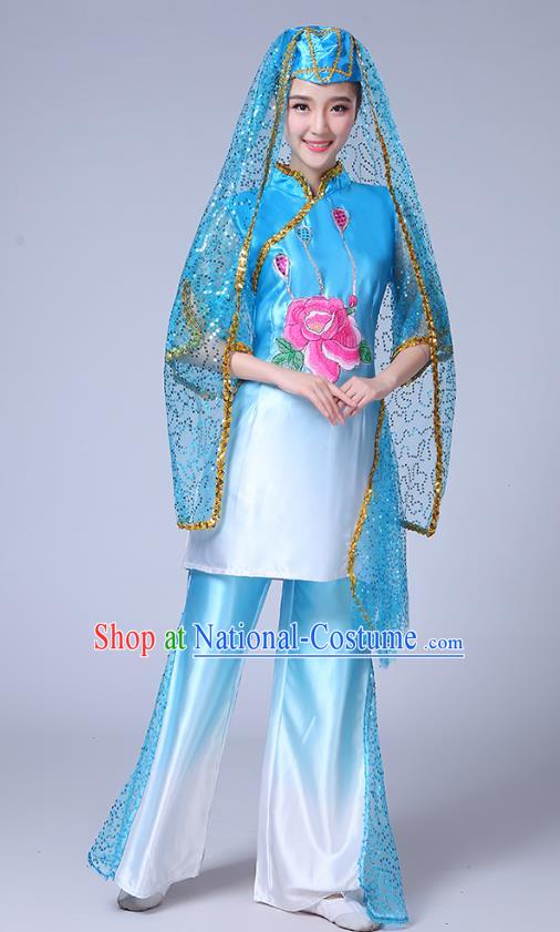 Chinese Ningxia Ethnic Folk Dance Blue Outfits Traditional Hui Nationality Bride Dance Clothing