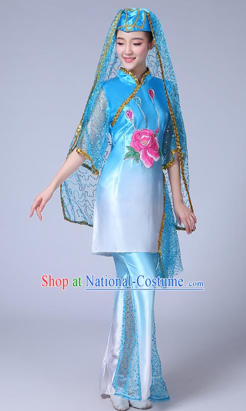 Chinese Ningxia Ethnic Folk Dance Blue Outfits Traditional Hui Nationality Bride Dance Clothing