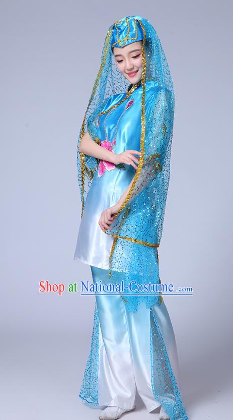 Chinese Ningxia Ethnic Folk Dance Blue Outfits Traditional Hui Nationality Bride Dance Clothing