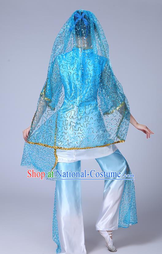 Chinese Ningxia Ethnic Folk Dance Blue Outfits Traditional Hui Nationality Bride Dance Clothing