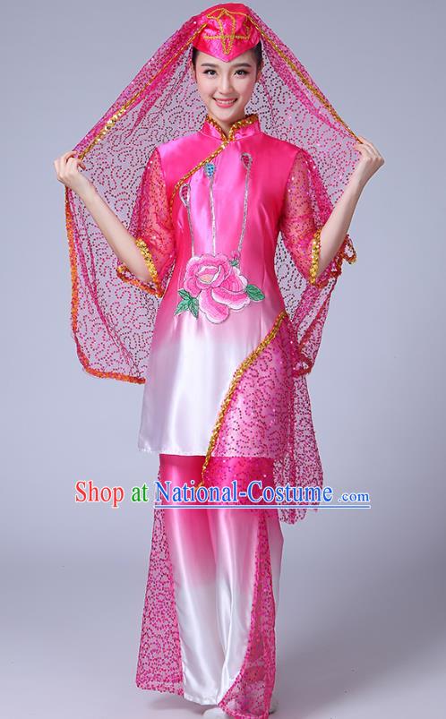 Chinese Traditional Hui Nationality Bride Dance Clothing Ningxia Ethnic Folk Dance Pink Outfits