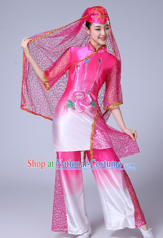 Chinese Traditional Hui Nationality Bride Dance Clothing Ningxia Ethnic Folk Dance Pink Outfits