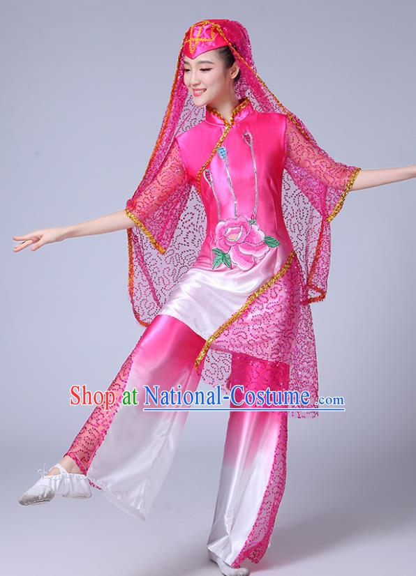 Chinese Traditional Hui Nationality Bride Dance Clothing Ningxia Ethnic Folk Dance Pink Outfits