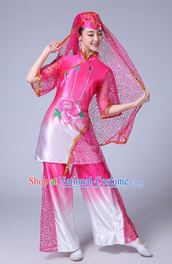 Chinese Traditional Hui Nationality Bride Dance Clothing Ningxia Ethnic Folk Dance Pink Outfits