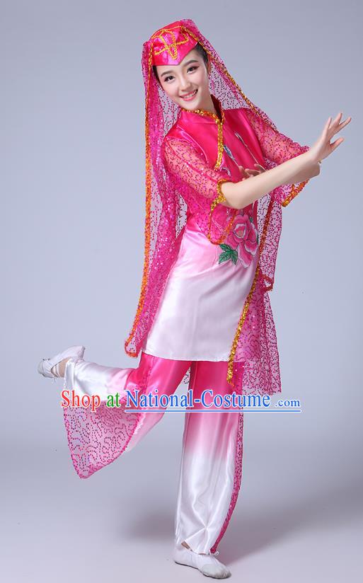 Chinese Traditional Hui Nationality Bride Dance Clothing Ningxia Ethnic Folk Dance Pink Outfits