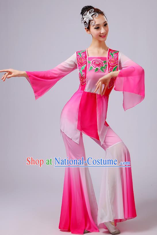 China Yangko Dance Embroidered Peony Pink Outfits Folk Dance Stage Performance Clothing Fan Dance Costume