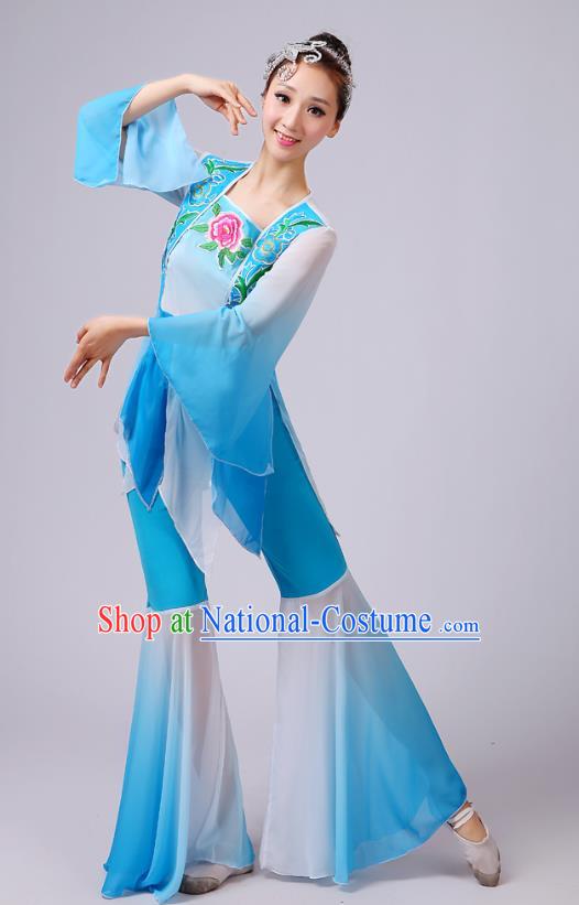 China Fan Dance Costume Yangko Dance Embroidered Peony Blue Outfits Folk Dance Stage Performance Clothing