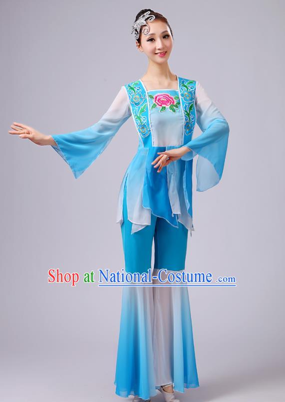 China Fan Dance Costume Yangko Dance Embroidered Peony Blue Outfits Folk Dance Stage Performance Clothing