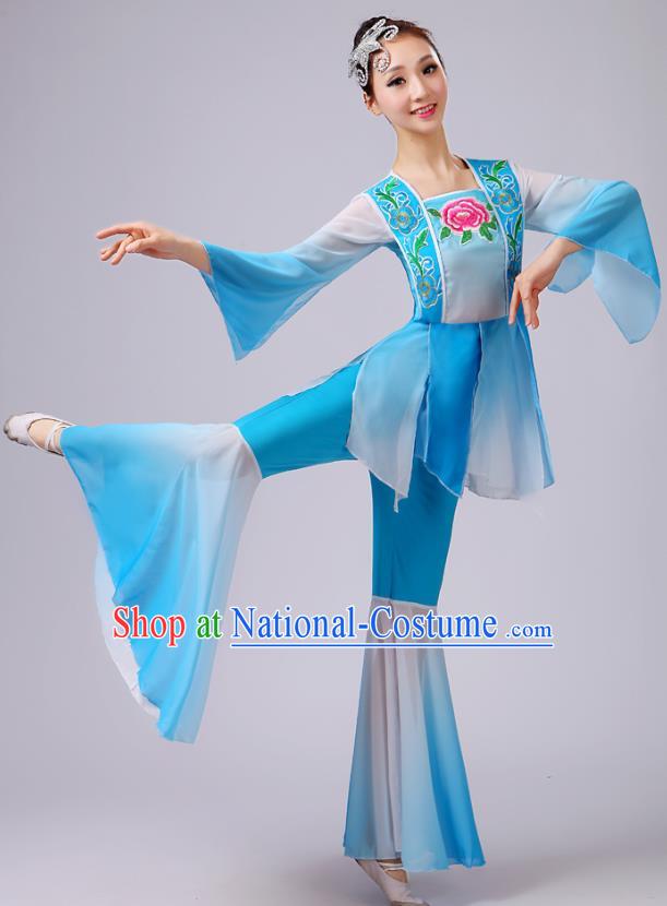 China Fan Dance Costume Yangko Dance Embroidered Peony Blue Outfits Folk Dance Stage Performance Clothing