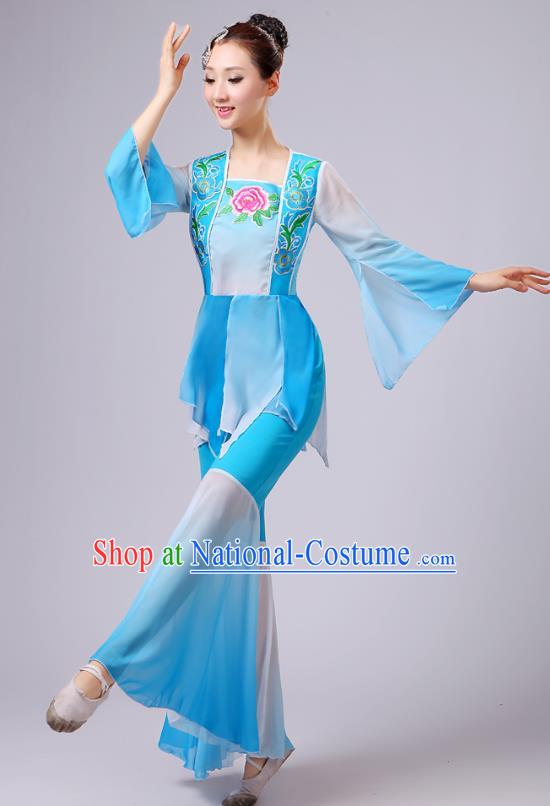 China Fan Dance Costume Yangko Dance Embroidered Peony Blue Outfits Folk Dance Stage Performance Clothing