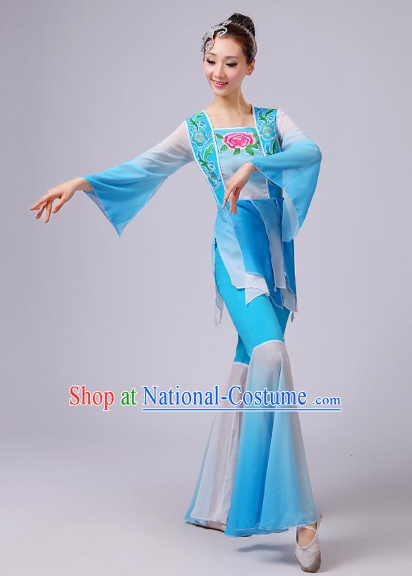 China Fan Dance Costume Yangko Dance Embroidered Peony Blue Outfits Folk Dance Stage Performance Clothing