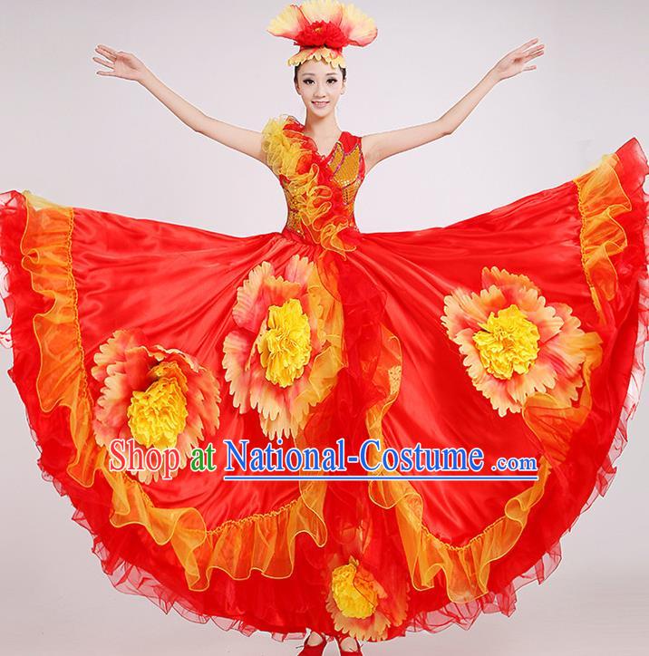 China Peony Flower Dance Clothing Modern Dance Stage Performance Costume Opening Dance Red Dress