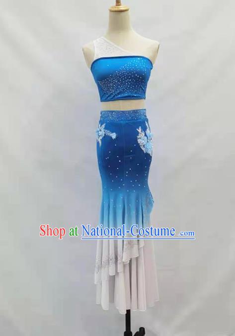 Chinese Dai Ethnic Folk Dance Blue Outfits Traditional Yunnan Nationality Peacock Dance Clothing