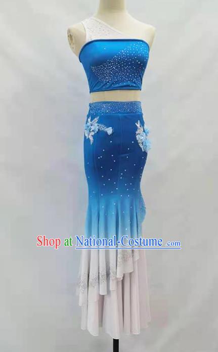 Chinese Dai Ethnic Folk Dance Blue Outfits Traditional Yunnan Nationality Peacock Dance Clothing