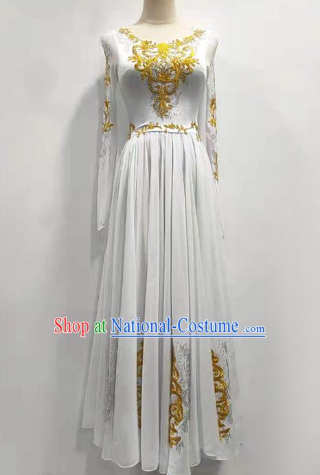 Chinese Xinjiang Ethnic Folk Dance White Dress Traditional Uygur Nationality Stage Performance Clothing