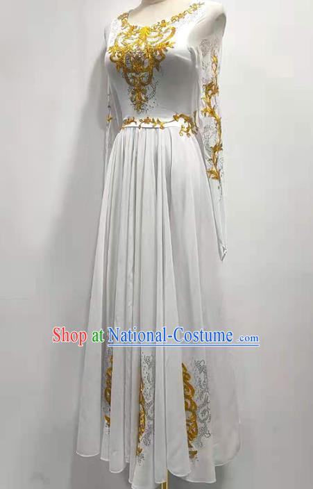 Chinese Xinjiang Ethnic Folk Dance White Dress Traditional Uygur Nationality Stage Performance Clothing