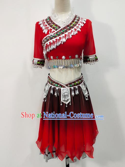 Chinese Xiangxi Hmong Ethnic Folk Dance Dress Traditional Miao Nationality Stage Performance Red Outfits Clothing